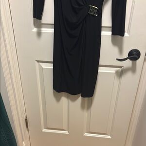 Black and Gold Sheath Dress with Long Sleeves and V-neck for Cocktail